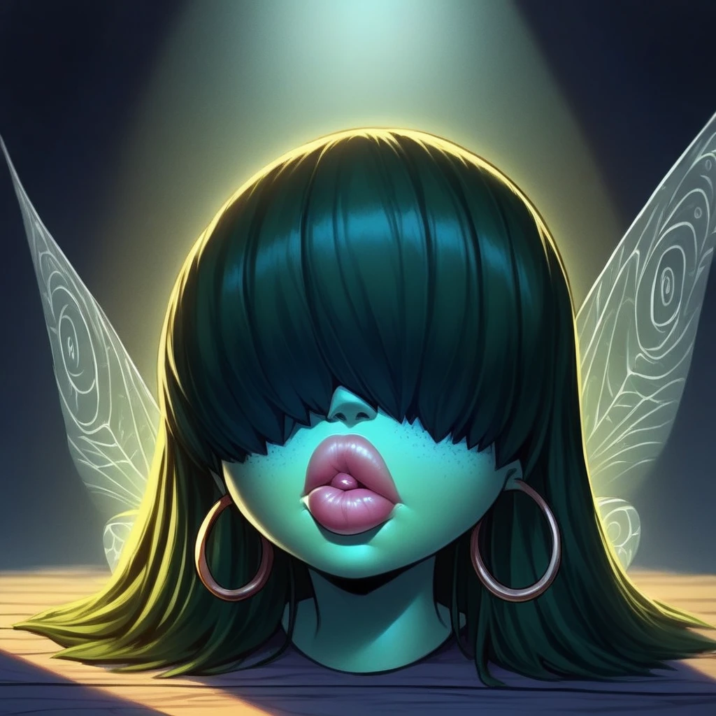 (fairy-sized:1.7), small beautiful female, score_8, score_8_up, blue eyes, (big full exaggerated lips:1.8), large breasts, (hair bangs over eyes:1.9), freckles, (wide hips:1.8), (huge ass:1.3), (dark lighting:1.6), washed out, cel-shaded, hoop earrings, muscular, laying on floor, full-lips, cartoon, masterpiece, Tinkerbell, fairy, thicc