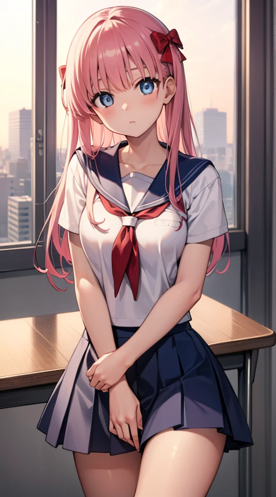 nodokaharamura, nodoka haramura, blue eyes, hair bow, long hair, pink hair, bow,
BREAK blue skirt, kiyosumi , pleated skirt, , serafuku, skirt,
BREAK looking at viewer,
BREAK indoors, classroom,
BREAK (masterpiece:1.2), best quality, high resolution, unity 8k wallpaper, (illustration:0.8), (beautiful detailed eyes:1.6), extremely detailed face, perfect lighting, extremely detailed CG, (perfect hands, perfect anatomy),
