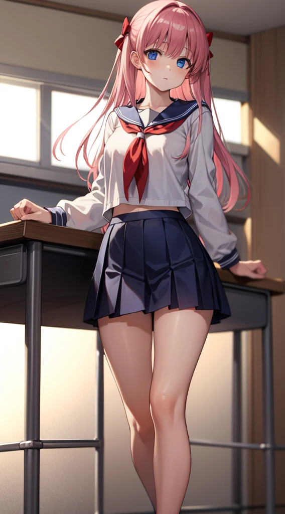 nodokaharamura, nodoka haramura, blue eyes, hair bow, long hair, pink hair, bow,
BREAK blue skirt, kiyosumi , pleated skirt, , serafuku, skirt,
BREAK looking at viewer,
BREAK indoors, classroom,
BREAK (masterpiece:1.2), best quality, high resolution, unity 8k wallpaper, (illustration:0.8), (beautiful detailed eyes:1.6), extremely detailed face, perfect lighting, extremely detailed CG, (perfect hands, perfect ???????),