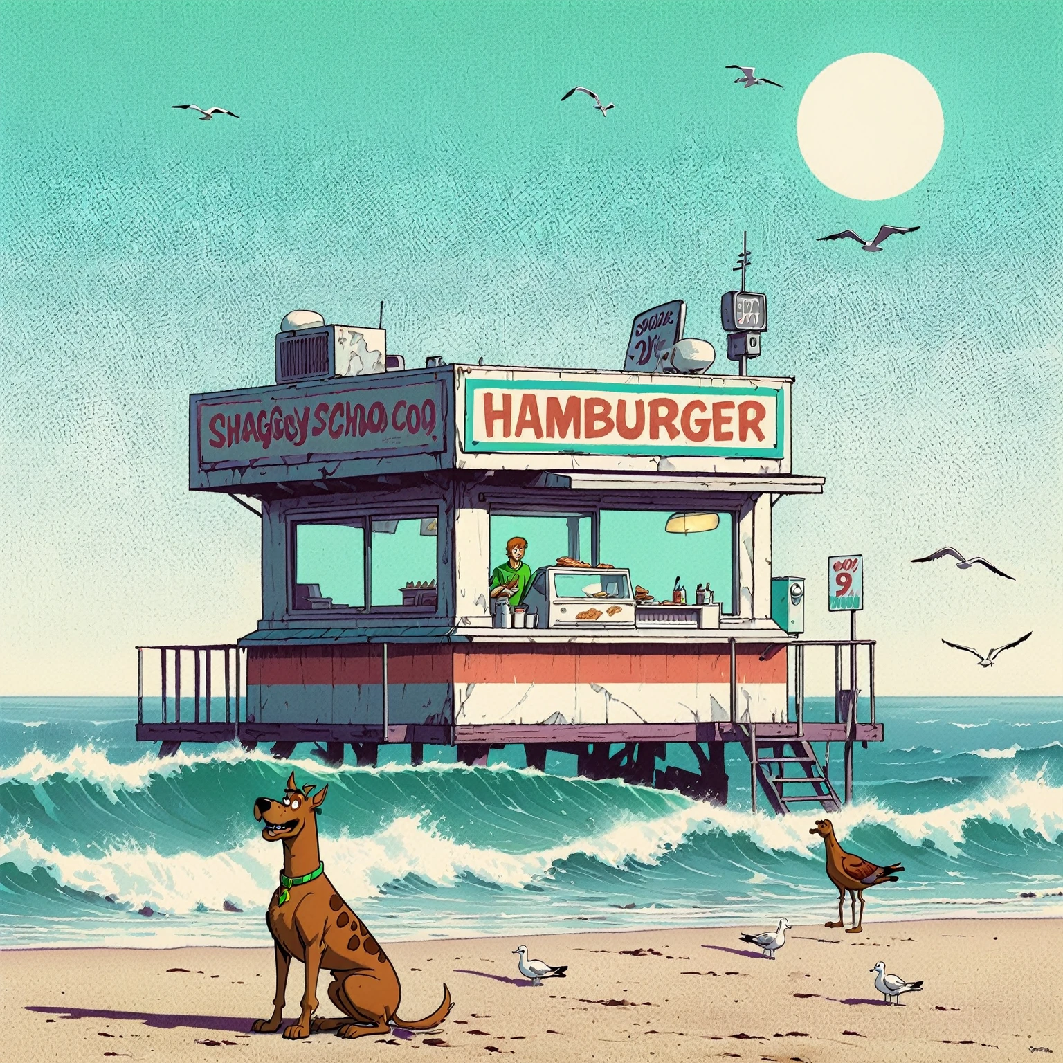 Scooby Doo distinct to original cartoon, ocean front fast food shack, operated by Scooby Doo and Shaggy, waves, sea breeze, seagulls, The scene is minimal, serene, perfect, strange, candid, cinematic, surreal, and timeless. The hamburger grill is lost in space, standing against a blank canvas. The style is a mix of realism and cartoon, with 90s comic aesthetics, expressive ink work, cinematic compositions, and nuanced details. The style is reminiscent of Joelle Jones and 90's scooby doo animated tv show, shaggy wearing tropical green sweater, scooby doo distinct art style,