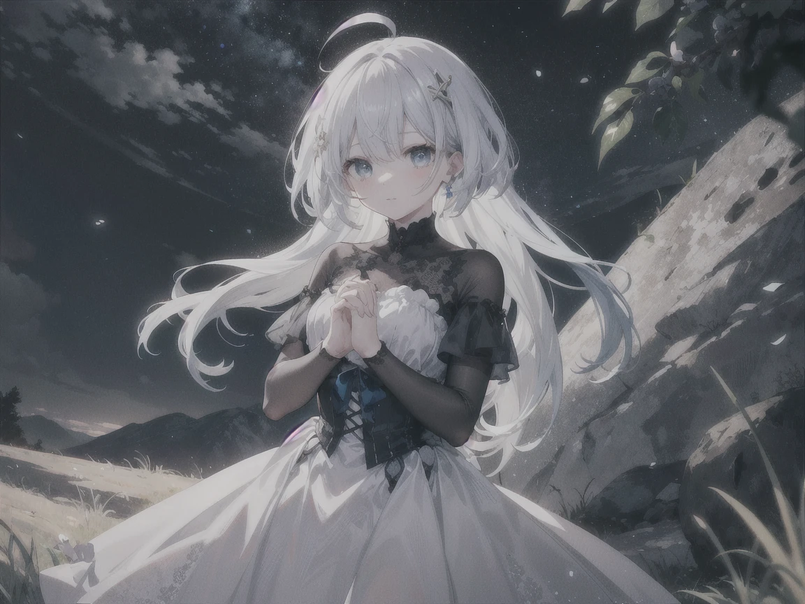 (masterpiece:1.3)、(Highest quality:1.3)、 (Perfect hands:1.2)、(Perfect Anatomy:1.2)、Highly detailed CG、night、night空、On a grassy hill、A cute girl with white hair and dark blue eyes in a white dress、The girl is standing and looking diagonally to the left、There is no one but the girl、The right hand is on the chest, the left hand is reaching out to the sky、Look at the tip of your left hand.