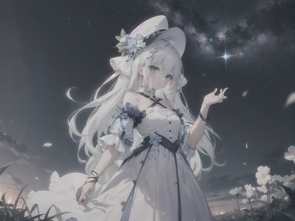 (masterpiece:1.3)、(Highest quality:1.3)、 (Perfect hands:1.2)、(Perfect Anatomy:1.2)、Highly detailed CG、night、night空、On a grassy hill、A cute girl with white hair and dark blue eyes in a white dress、The girl is standing and looking diagonally to the left、There is no one but the girl、The right hand is on the chest, the left hand is reaching out to the sky、Look at the tip of your left hand.