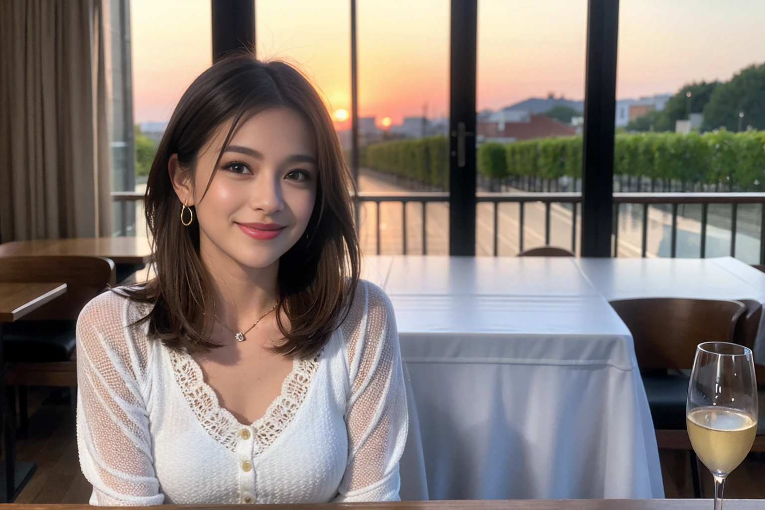 ((Highest quality、8K、masterpiece:1.3))、Shortcuts、cute、slimカップル、modelカップル、actress男優、(Realistic, Intricate details:1.2), full-course dinner、Wine Party、Amazing view of the sunset sky and clouds、A bright smile、short hair,Bright Face、 (Age 45), 42 years old, red wine 、Appetizers、Italian food、Wine bottle、Champagne、sparkling wine、Two beauties、Brown Hair、Shortcuts、Long sleeve shirt、dress、Beautiful woman 1, (slimな顔), (The body is slim), (Brown Hair), (Shortcuts), cheeks turn a little red,Attractive beauty、restaurant, In a prominent place (From the waist up) Nova Frog Style, actress, model, Upper Body, White wine, slim, wine glass, 中央に置かれたwine glass, smile, (smile: 1.15), Beautiful fine grain, Depth f/2,saturation, High Contrast, Strong light and shadow,Moist Body:1.5、3D texture、Delicate eyes、Brown Hair、The hair is very shiny、