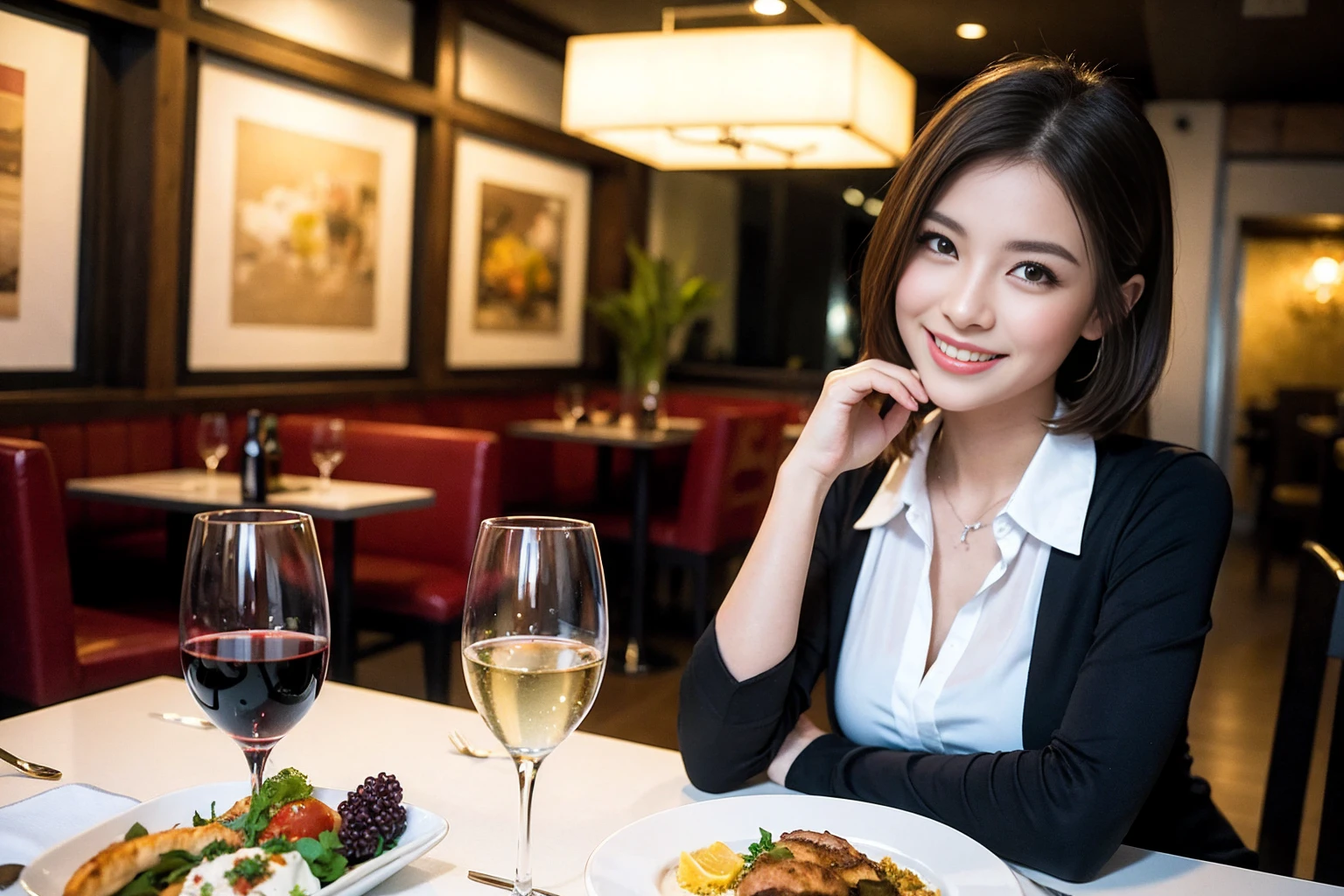 ((Highest quality、8K、masterpiece:1.3))、cute、slimカップル、modelカップル、actress男優、(Realistic, Intricate details:1.2), full-course dinner、Wine Party、Amazing view of the sunset sky and clouds、A bright smile、short hair,Bright Face、 (Age 45), 42 years old, red wine 、Appetizers、Italian food、Wine bottle、Champagne、sparkling wine、Two beauties、Brown Hair、Shortcuts、Long sleeve shirt、dress、Beautiful woman 1, (slimな顔), (The body is slim), (Brown Hair), (Shortcuts), cheeks turn a little red,Attractive beauty、restaurant, In a prominent place (From the waist up) Nova Frog Style, actress, model, Upper Body, White wine, slim, wine glass, 中央に置かれたwine glass, smile, (smile: 1.15), Beautiful fine grain, Depth f/2,saturation, High Contrast, Strong light and shadow,Moist Body:1.5、3D texture、Delicate eyes、Brown Hair、The hair is very shiny、