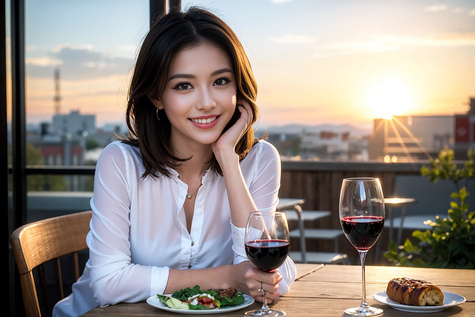 ((Highest quality、8K、masterpiece:1.3))、cute、slimカップル、modelカップル、actress男優、(Realistic, Intricate details:1.2), full-course dinner、Wine Party、Amazing view of the sunset sky and clouds、A bright smile、short hair,Bright Face、 (Age 45), 42 years old, red wine 、Appetizers、Italian food、Wine bottle、Champagne、sparkling wine、Two beauties、Brown Hair、Shortcuts、Long sleeve shirt、dress、Beautiful woman 1, (slimな顔), (The body is slim), (Brown Hair), (Shortcuts), cheeks turn a little red,Attractive beauty、restaurant, In a prominent place (From the waist up) Nova Frog Style, actress, model, Upper Body, White wine, slim, wine glass, 中央に置かれたwine glass, smile, (smile: 1.15), Beautiful fine grain, Depth f/2,saturation, High Contrast, Strong light and shadow,Moist Body:1.5、3D texture、Delicate eyes、Brown Hair、The hair is very shiny、