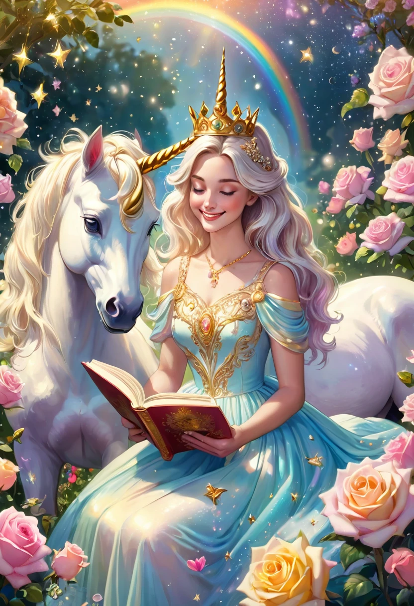 close-up, A beautiful goddess is reading the Golden Book to a white unicorn, smiling, surrounded by crowns and jewels, in a pastel colored dress, in a garden of pastel colored roses, smiling, joyful, rainbow light, integration of the moon and the sun, milkyway