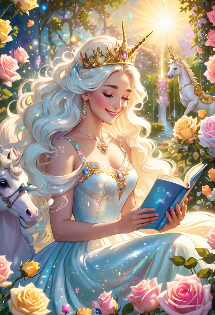 close-up, A beautiful goddess is reading the Golden Book to a white unicorn, smiling, surrounded by crowns and jewels, in a pastel colored dress, in a garden of pastel colored roses, smiling, joyful, rainbow light, integration of the moon and the sun, milkyway