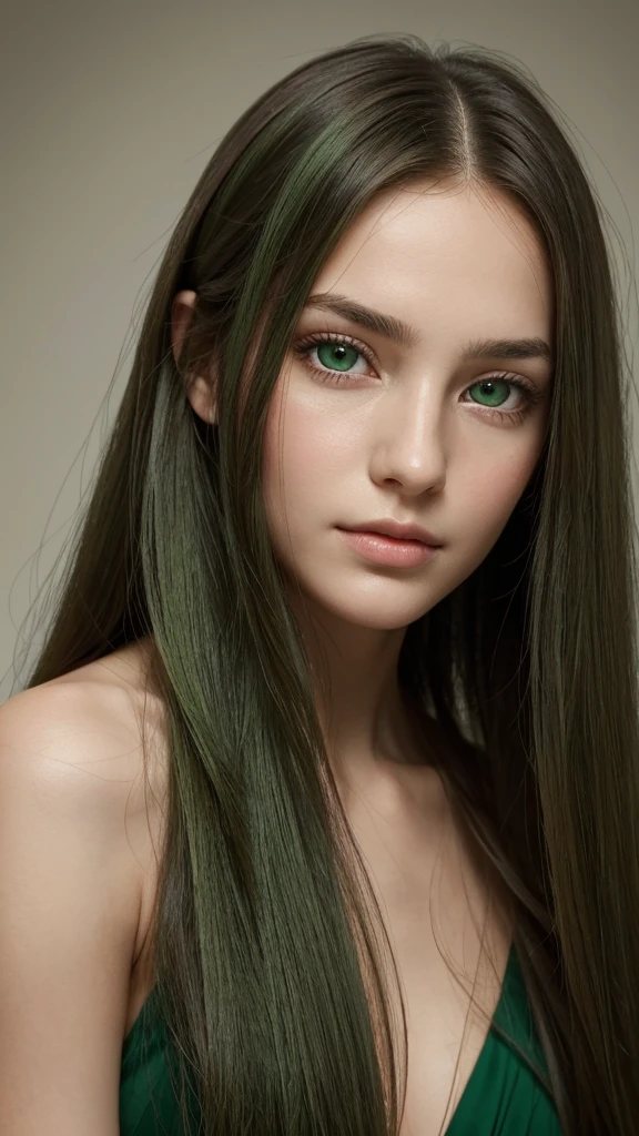 Portrait of a European woman with highly detailed facial features, captivating eyes, an oval face, and long sleek hair framing her face. Her hair is entirely green, and she has a flawless complexion, with a very charming wistful charm, complemented by her very fair skin