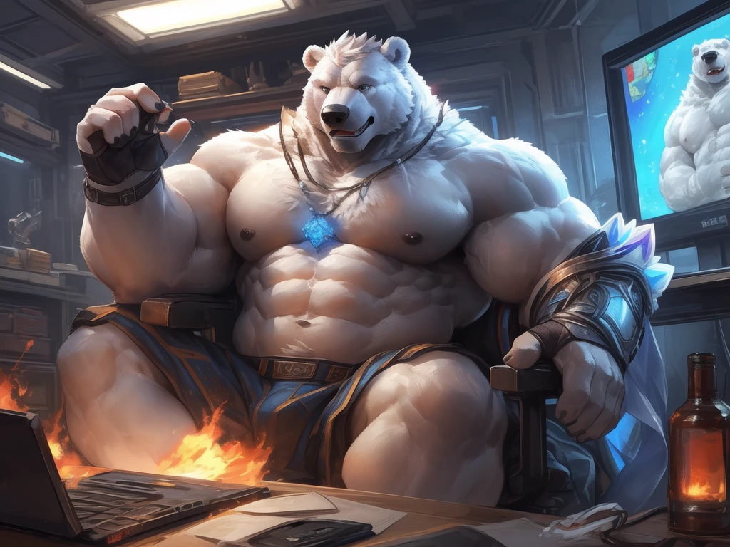 lindong, lucusold, a man with a huge muscular (white bear, polar bear 🐻‍❄️) sitting in gaming chair, streamer, pc and monitor, ((muscular, sixpack, pectoral)), thicc, giant and muscular, danbooru and artstation, heavy detailed, insanely inflated hips, proportionally arms, commission for high res, detailed but rough, semirealistic:1.3