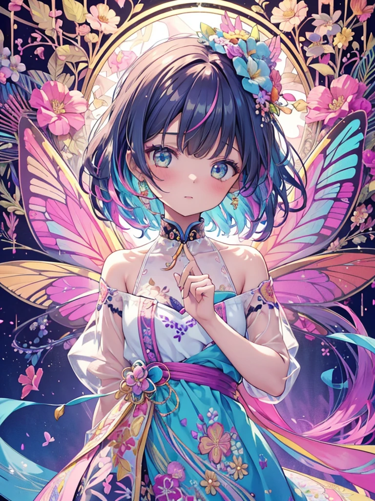 a beauty girl, Cute, Cute, Transparent, Beautiful, glinting, Leprechaun、Innocence, talent,Butterfly wings, tinker bell, Gentle, florals, Radiant, splatter step piece, Best Quality, of the highest quality, Official art, Beautiful and aesthetic: 1.2), (One girl: 1.3), Very detailed, (Fractal Art: 1.1), (Colorful: 1.1) (Floral pattern: 1.3) , Highest detail, (Zentangle: 1.2), (Dynamic Pose), (Abstract background: 1), (floral embroidery: 1.4), (Glossy skin), (Polychromatic: 1.4), Upper body, Hair Ornament