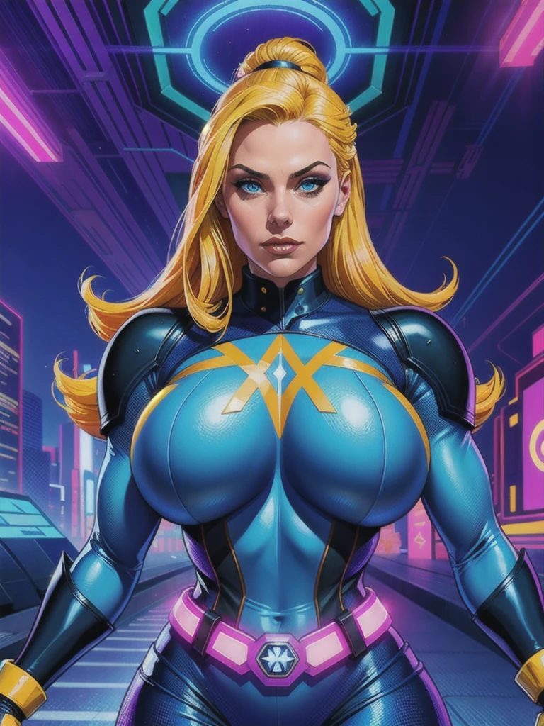 a digital painting of a woman with royal blue and yellow hair, wearing xmen rogue clothes, behance contest winner, afrofuturism, synthwave, neon, glowing neon, huge breast