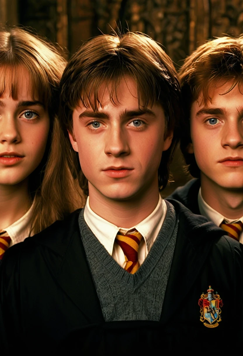 a photo of Harry Potter, Hermione Granger, and Ron Weasley (characters from de movie "Hrry Potter") as young people from an 80s movie, beautiful detailed eyes, beautiful detailed lips, extremely detailed eyes and face, long eyelashes, 1boy, 2girls, young adults, Hogwarts students, wizards, magic, fantasy, 80s aesthetic, film grain, warm colors, golden hour lighting, cinematic, dramatic, (best quality,4k,8k,highres,masterpiece:1.2),ultra-detailed,(realistic,photorealistic,photo-realistic:1.37),HDR,UHD,studio lighting,ultra-fine painting,sharp focus,physically-based rendering,extreme detail description,professional,vivid colors,bokeh