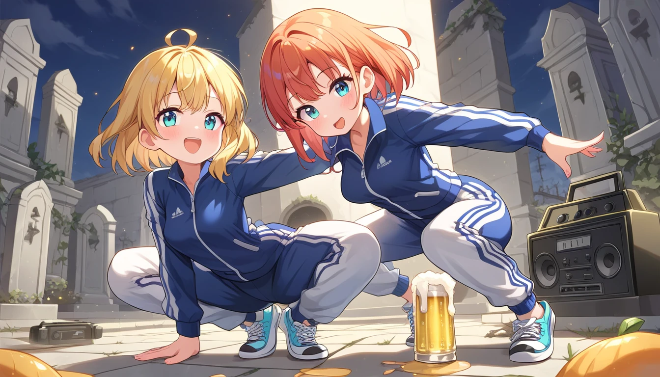 ((2girls:1.3)), ((tracksuit:1.3)), ((boombox:1.3)), ((break dancing:1.3)), ((gravestone:1.3)), ((full body:1.3)), ((o_o:1.3)), ((beer bottle:1.3)), ((drinking:1.3)), ((moe style:1.3)), ((perfect face)), ((extremely cute:1.3)), ((masterpiece:1.3)), ((8k)), ((best quality:1.3)), ((beautiful)), ((extremely detailed:1.3)) , ((absurdres)), AddXL, ((score_9:1.3)), ((score_8_up:1.3)), ((score_7_up:1.3)), Expressiveh 