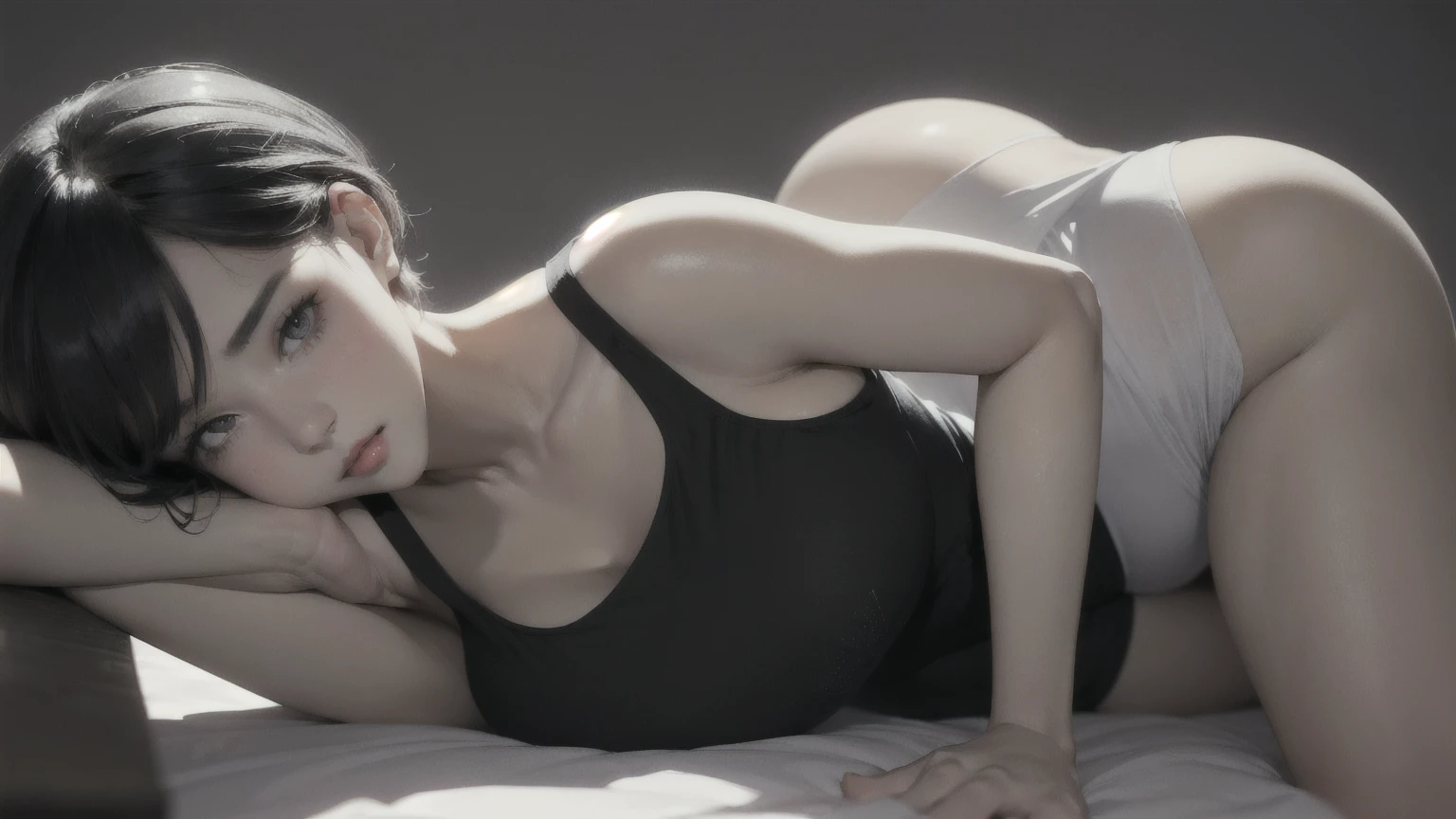 (Ultra detailed:1.3) ((((best quality))) , (((ultra detailed))) , (((masterpiece))) , illustration,Fashion, lipstick, ray tracing, depth of field, 1girlï¼ (solo:1.5) , looking at the audience, glossy skin, counterpoint, female focus, model, (huge breasts:1.3),mischievous face cool, perspective, fine fabric emphasis, budget haze,ojou-sama pose,
beautiful young female, Pixie Cut, tank top, leaning forward, art by Adrian Tomine, art by Agnes Cecile, sexy, seductive, shadow, dramatic lighting, park, black and whiteï¼
Hotifyï¼Prettifyï¼PrettyEyesï¼