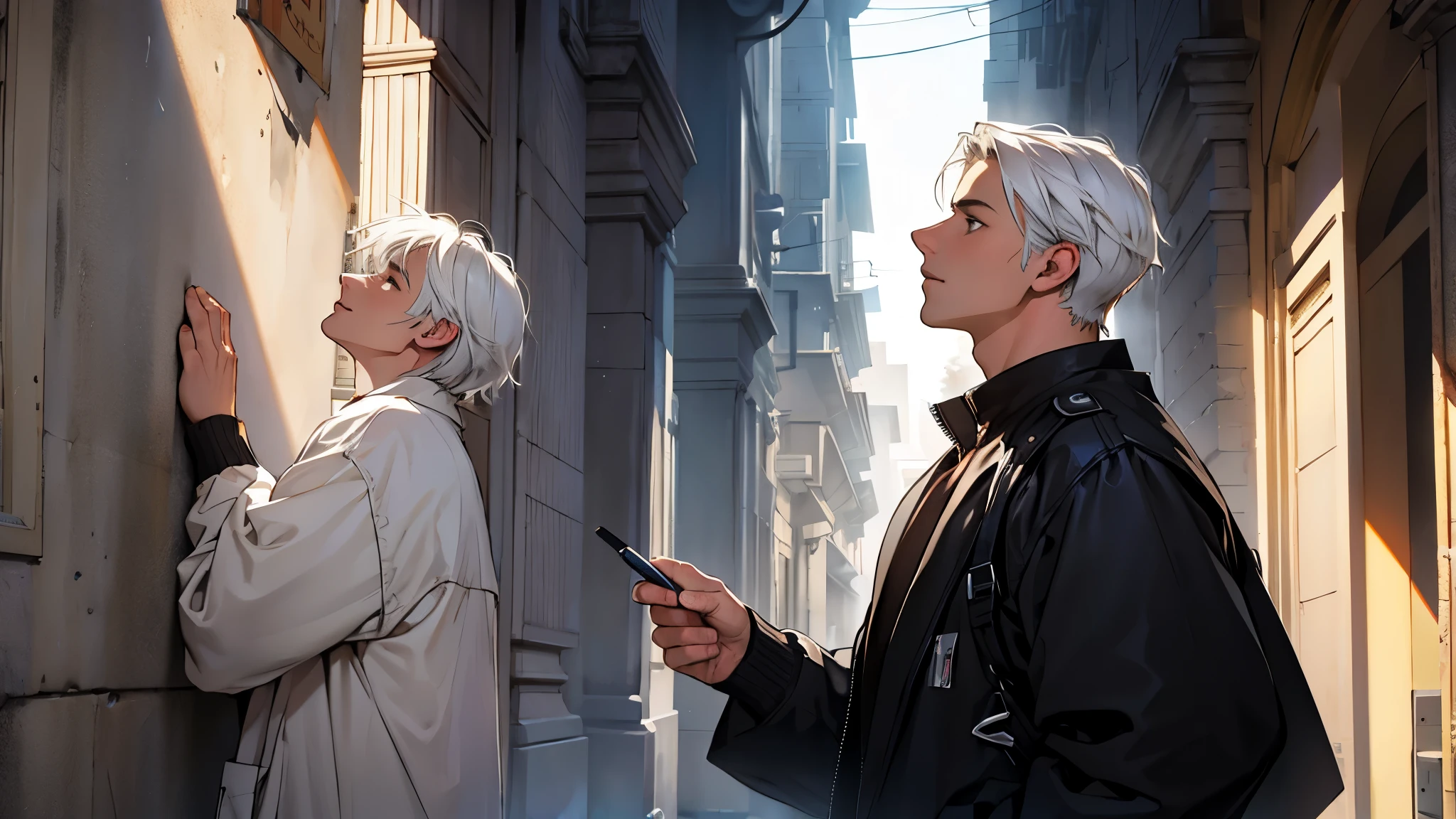 ((best quality)), ((work of art)), ((detailed)), young man with short white hair, looking upwards, in profile

