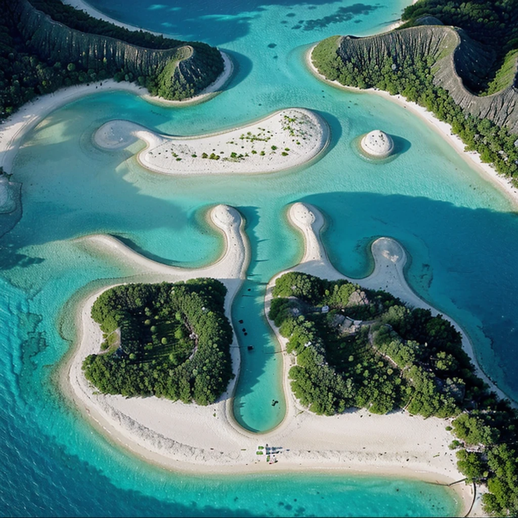 "Generates an image of a tropical island seen from above, as if it were a map. The island should have a clear outline with white sand beaches, deep turquoise water areas around. Includes areas of dense vegetation, mainly palm trees and tropical plants, as well as possible lagoons or small bays. There may be rock formations or cliffs in some parts of the coast. The environment should show crystal clear and turquoise waters, with the possible inclusion of other nearby islands or sandbars. Lighting should highlight differences in water depth and clarity in the representation of vegetation and topography. Includes cloud shadows for a more realistic effect." The island is an island without human presence.
