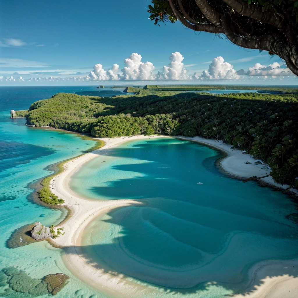 "Generates an image of a tropical island seen from above, as if it were a map. The island should have a clear outline with white sand beaches, deep turquoise water areas around. Includes areas of dense vegetation, mainly palm trees and tropical plants, as well as possible lagoons or small bays. There may be rock formations or cliffs in some parts of the coast. The environment should show crystal clear and turquoise waters, with the possible inclusion of other nearby islands or sandbars. Lighting should highlight differences in water depth and clarity in the representation of vegetation and topography. Includes cloud shadows for a more realistic effect." The island is an island without human presence.