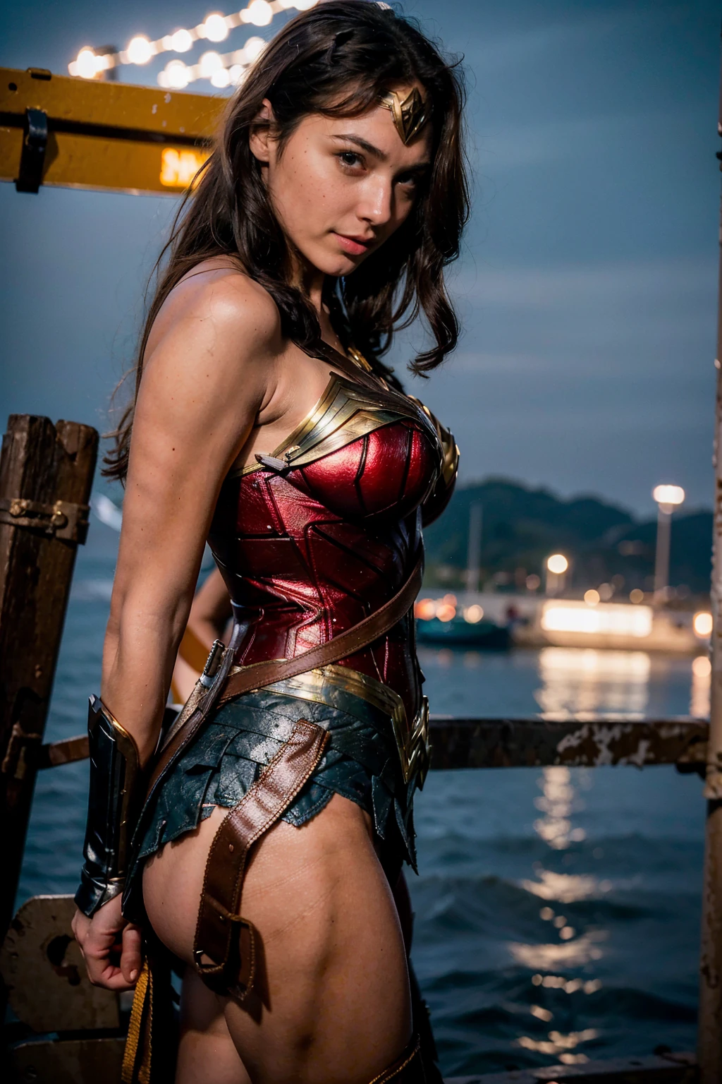 ((masterpiece), (solo character), (photorealistic:1.4), ),(best quality), (epiCRealLife), (g4lg), (g4lg large breasts), (g4lg show cleavages), (Gal Godot in wonder woman costume), (lora:epiCFlashPhoto),(flashphoto), (flash photography) (look at viewers), (at night), (night time),, (photoshoot), (wonder woman theme), (on a beach),  (from side) , (light smile),