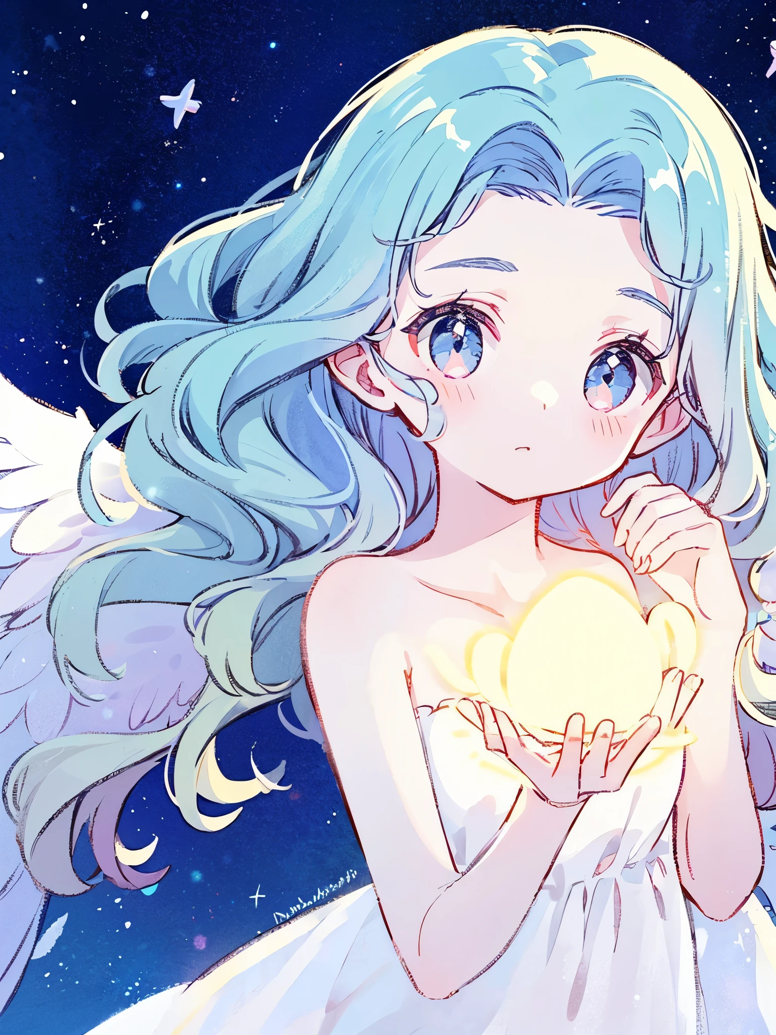 nude angel girl wearing an ethereal translucent dress, pale skin, ((blue mint wavy hair)), white feathers, angel wings, sparkling detailed eyes, golden ratio face, perfect composition, highly detailed, ethereal, (starry night sky background), midjourney style