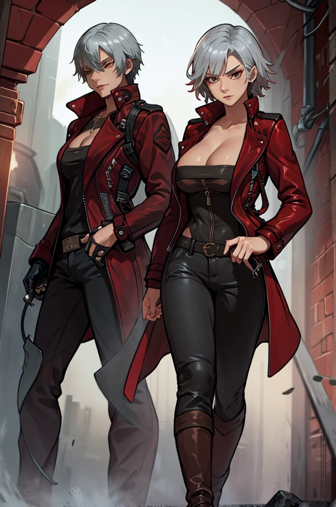 A demon hunter with short silver hair wears a long red leather trench coat with intricate details. She wears nothing under the red jacket, revealing her large, firm breasts. her jacket matches tight black pants and tall boots.