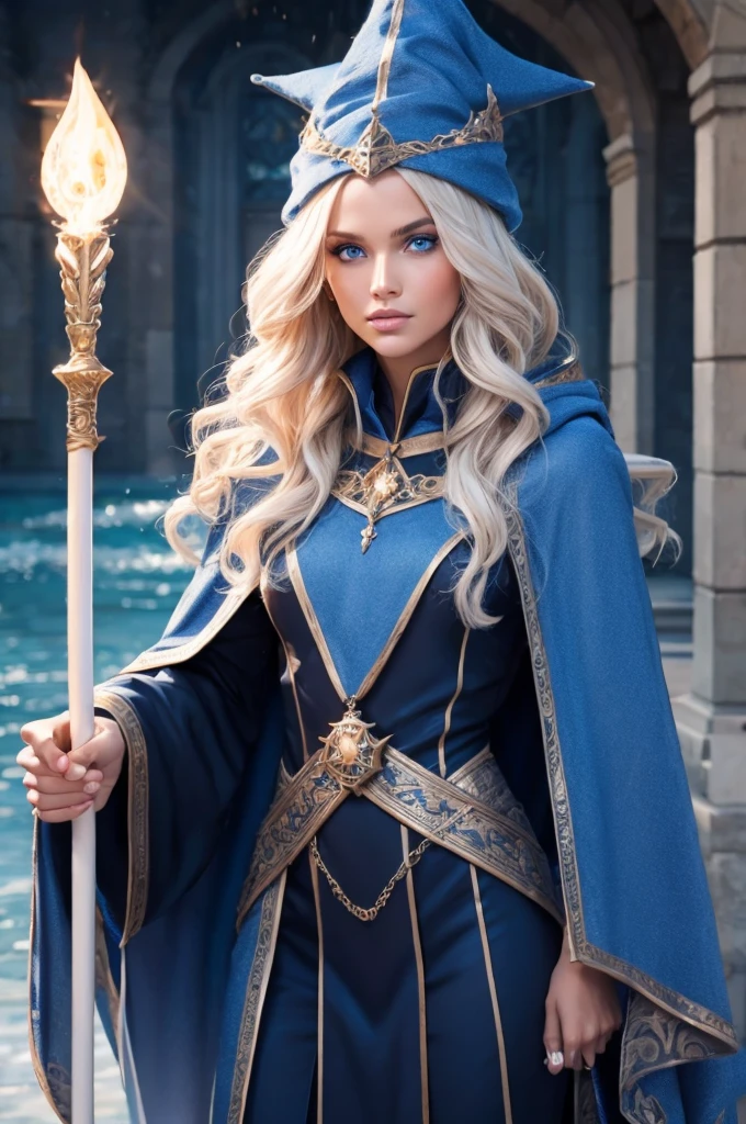 16 year old Romee Strijd dark elf mage, ultra-detailed face, ultra detailed blue eyes, long platinum blonde wavy messy hair, (wizard hat, wizard robes, cloak, staff, lightning), (((masterpiece)))