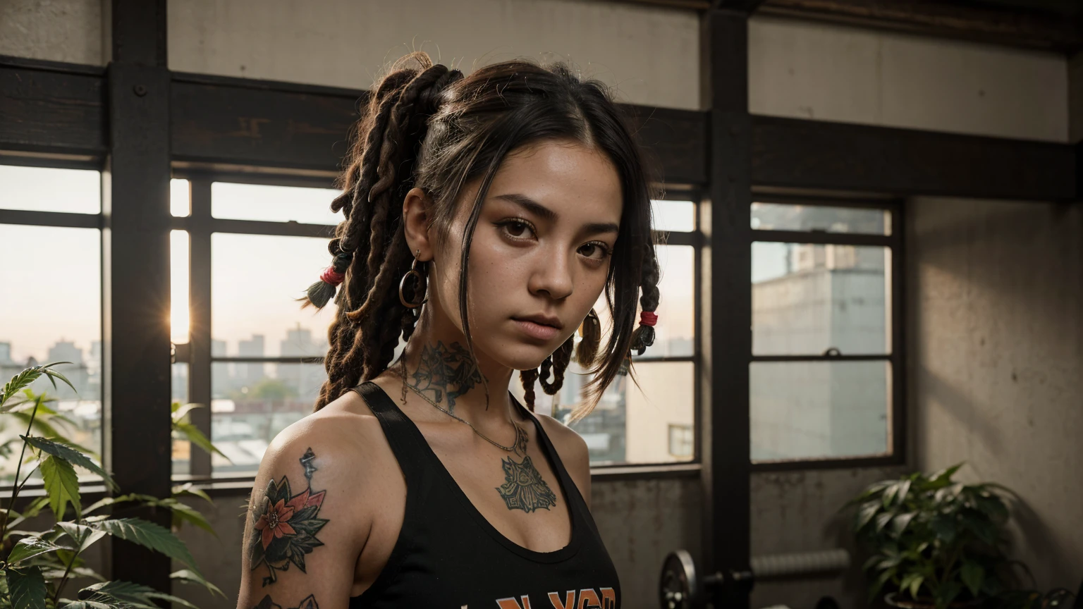 stylized artwork of soft filter. grunge filter. photorealistic. 8k. cinematic, very high resolution. maximum resolution. ultra realistic. unique beautiful face, realistic face, retro grunge photo ascetic. grunge japanese graffiti , sexy tattooed black-dreadlocks teen cute sexy girl, in marijuana plants buds crop, red gym outfit. fitness gym girl. sunset