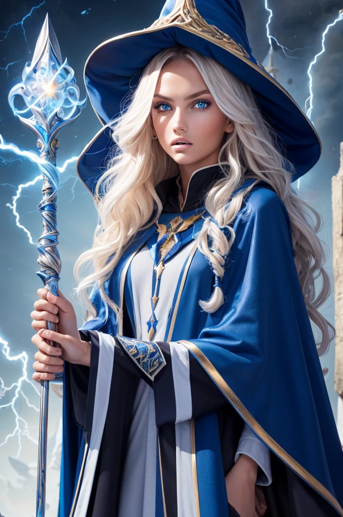 16 year old Romee Strijd dark elf mage, ultra-detailed face, ultra detailed blue eyes, long platinum blonde wavy messy hair, (wizard hat, wizard robes, cloak, staff, lightning), (((masterpiece)))