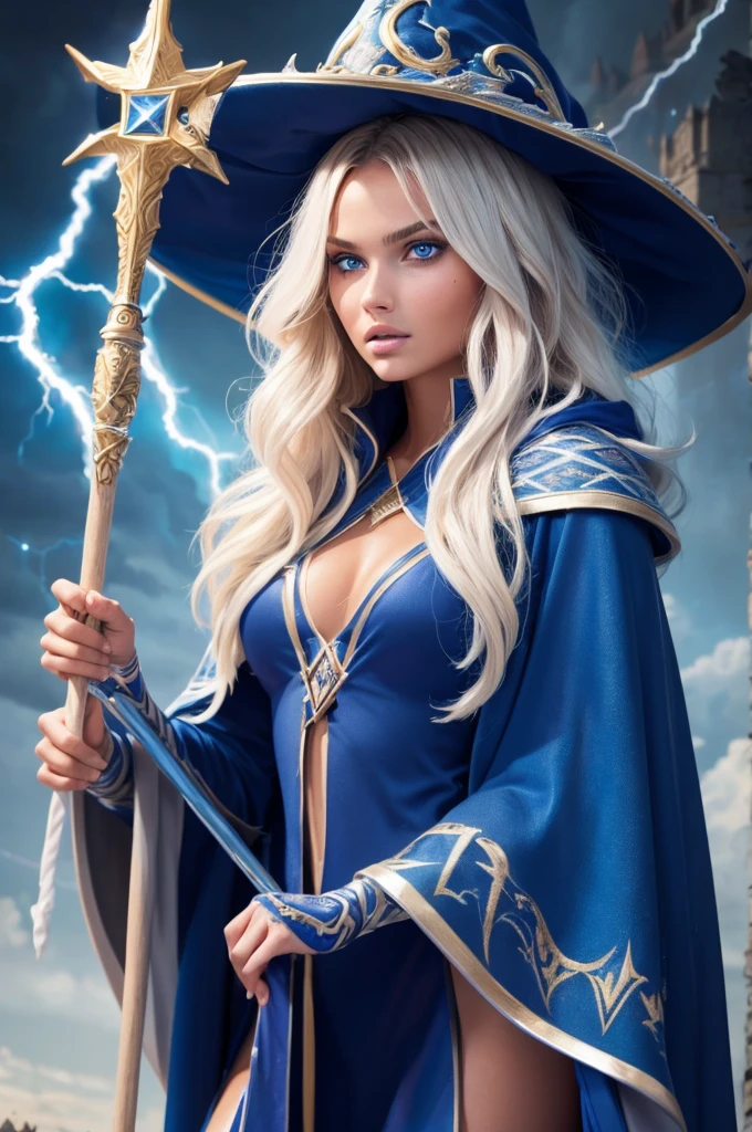 16 year old Romee Strijd dark elf mage, ultra-detailed face, ultra detailed blue eyes, long platinum blonde wavy messy hair, (wizard hat, wizard robes, cloak, staff, lightning), (((masterpiece)))