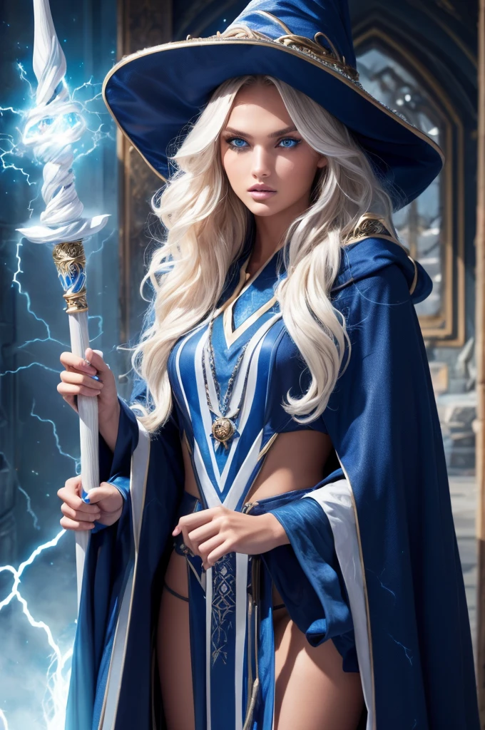 16 year old Romee Strijd dark elf mage, ultra-detailed face, ultra detailed blue eyes, long platinum blonde wavy messy hair, (wizard hat, wizard robes, cloak, staff, lightning), (((masterpiece)))