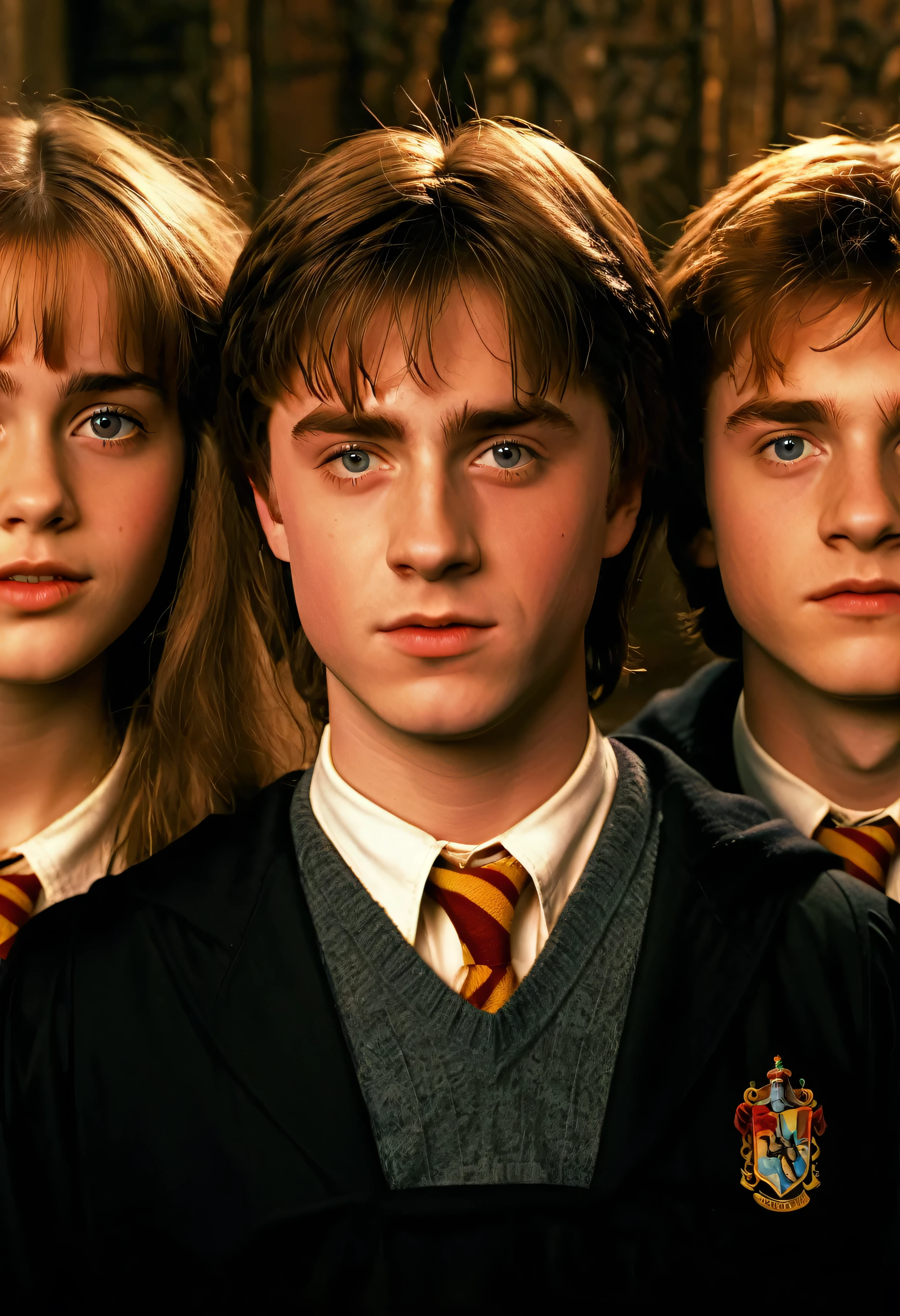 a photo of Harry Potter, Hermione Granger, and Ron Weasley (characters from de movie "Hrry Potter") as young people from an 80s movie, beautiful detailed eyes, beautiful detailed lips, extremely detailed eyes and face, long eyelashes, 1boy, 2girls, young adults, Hogwarts students, wizards, magic, fantasy, 80s aesthetic, film grain, warm colors, golden hour lighting, cinematic, dramatic, (best quality,4k,8k,highres,masterpiece:1.2),ultra-detailed,(realistic,photorealistic,photo-realistic:1.37),HDR,UHD,studio lighting,ultra-fine painting,sharp focus,physically-based rendering,extreme detail description,professional,vivid colors,bokeh