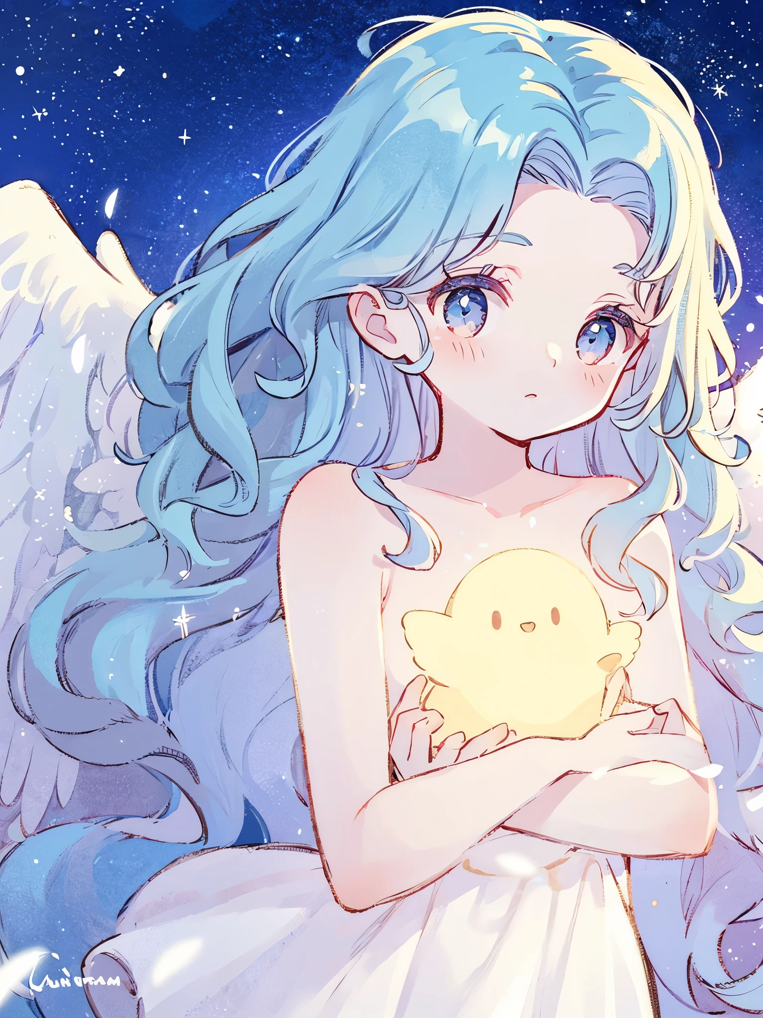 nude angel girl wearing an ethereal translucent dress, pale skin, ((blue mint wavy hair)), white feathers, angel wings, sparkling detailed eyes, golden ratio face, perfect composition, highly detailed, ethereal, (starry night sky background), midjourney style