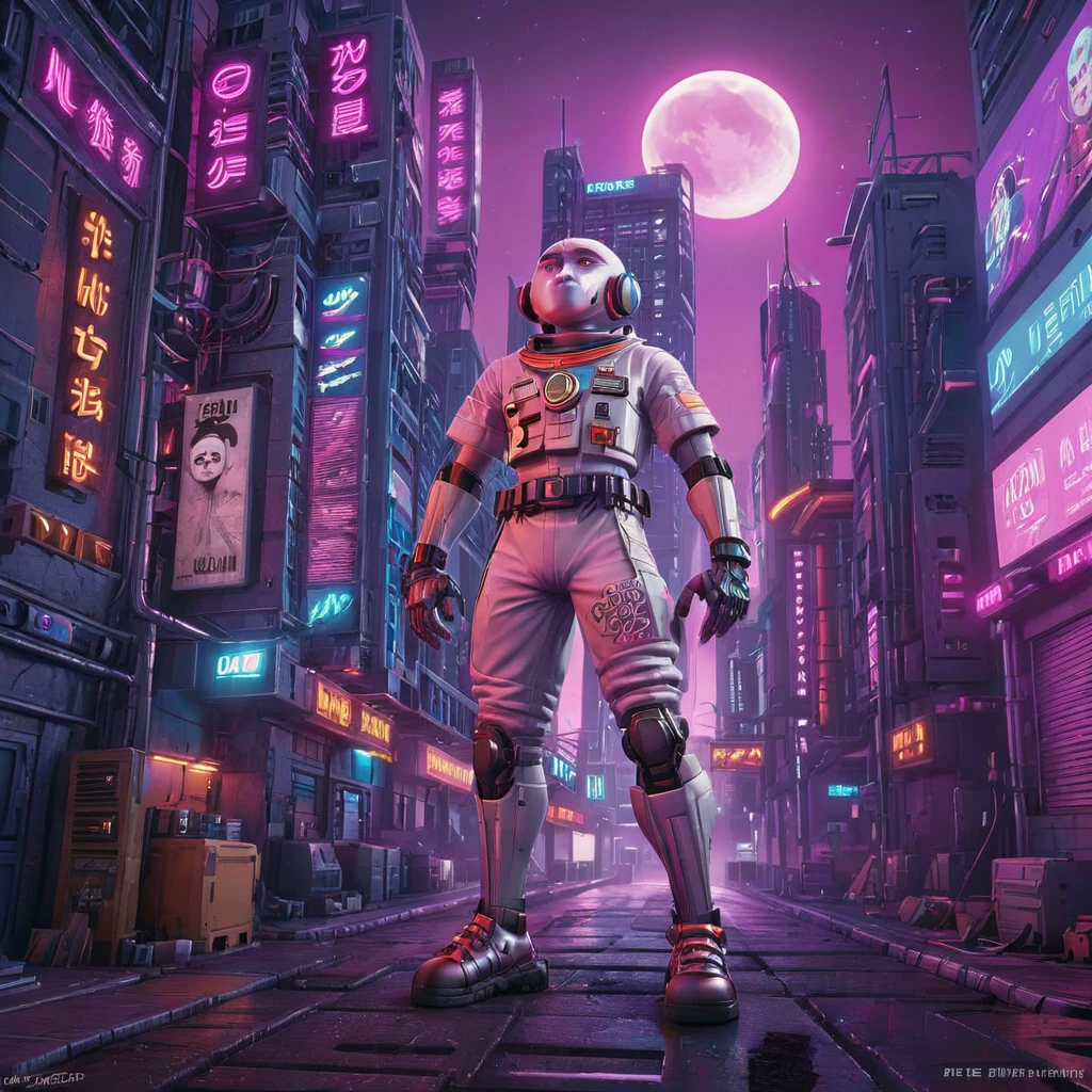 Create a digital artwork of moon man in a Cyberpunk setting. Pepe should be anthropomorphized, standing on two legs and wearing futuristic attire complete with neon accents, cybernetic implants, and high-tech accessories. The background should be a bustling Cyberpunk cityscape, filled with neon signs, towering skyscrapers, and flying vehicles. Pepe's expression should be one of cool confidence, embodying the rebellious spirit of the Cyberpunk genre. The color palette should be rich and vibrant, with a focus on neon blues, pinks, and purples. The artwork should be highly detailed, capturing the intricate designs of Pepe's outfit and the complexity of the Cyberpunk world around him 