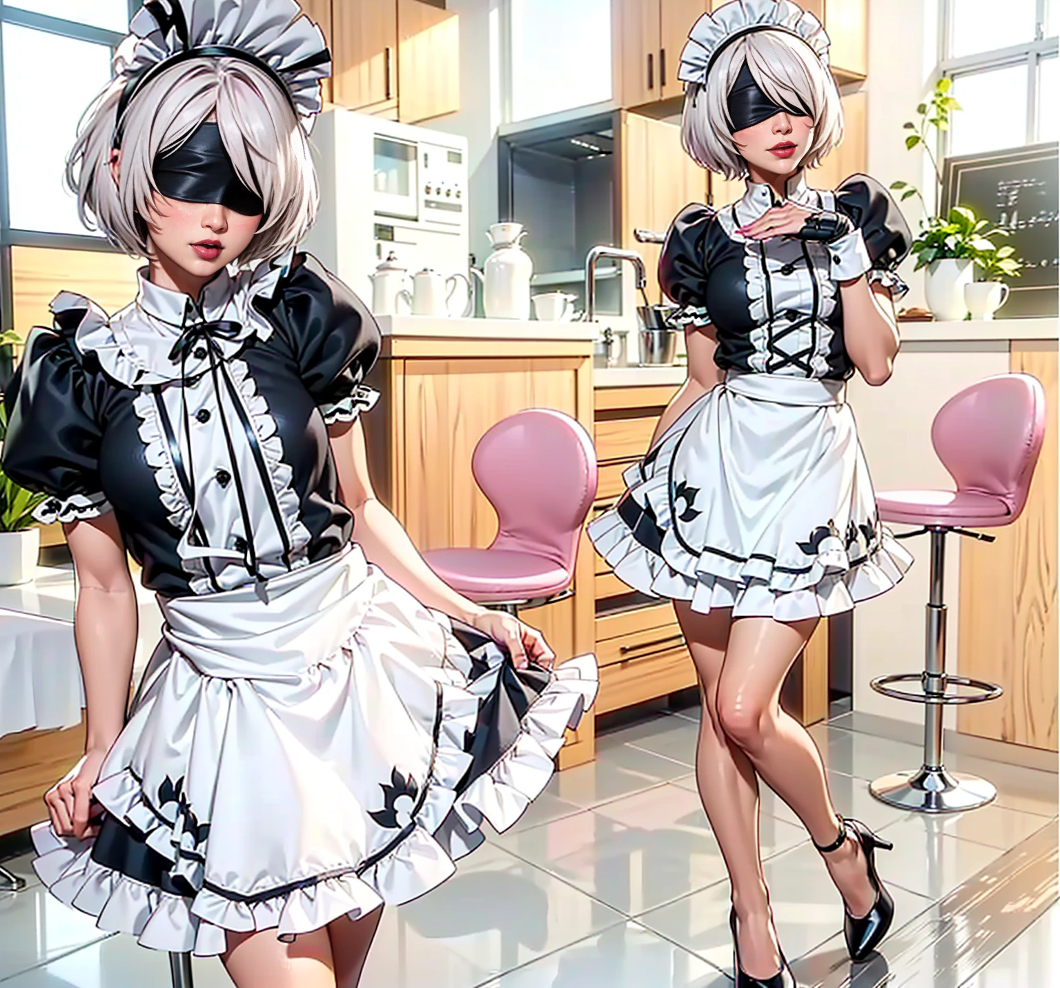 (1girl, Alone, alone), (YoRHa No.2 Type B, 2B, 1girl, solo, short hair, white hair, hairband, blindfold, covered eyes, black blindfold), ((Alone, (1woman,pink lipstick), extremely detailed , Soft ambient lighting, 4K, perfect eyes, a perfect face, Perfect Lighting, the 1 girl)), ((fitness, , shapely body, athletic body, toned body)) , ((maid outfit, black dress, white apron, maid costume, high heels, lace glove, ruffled outfit, maid hat, delicate, kitchen, cafe maid, marble floor)), ((smug woman))