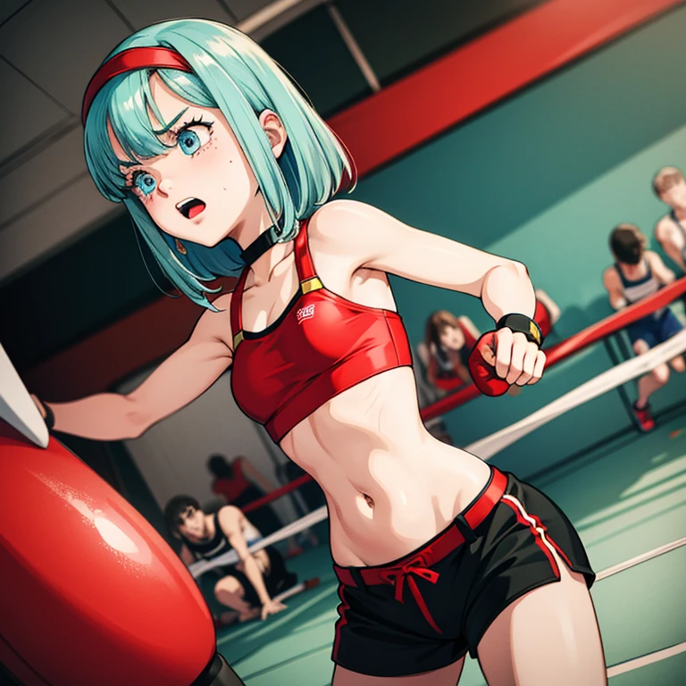 Cute slim high school girl, boxing gym, being hit in the stomach, expression of pain, gritting my teeth to hold on, only a few muscle tendons visible, short light blue hair, small breasts, Sleeveless, Short shorts,blue eyes