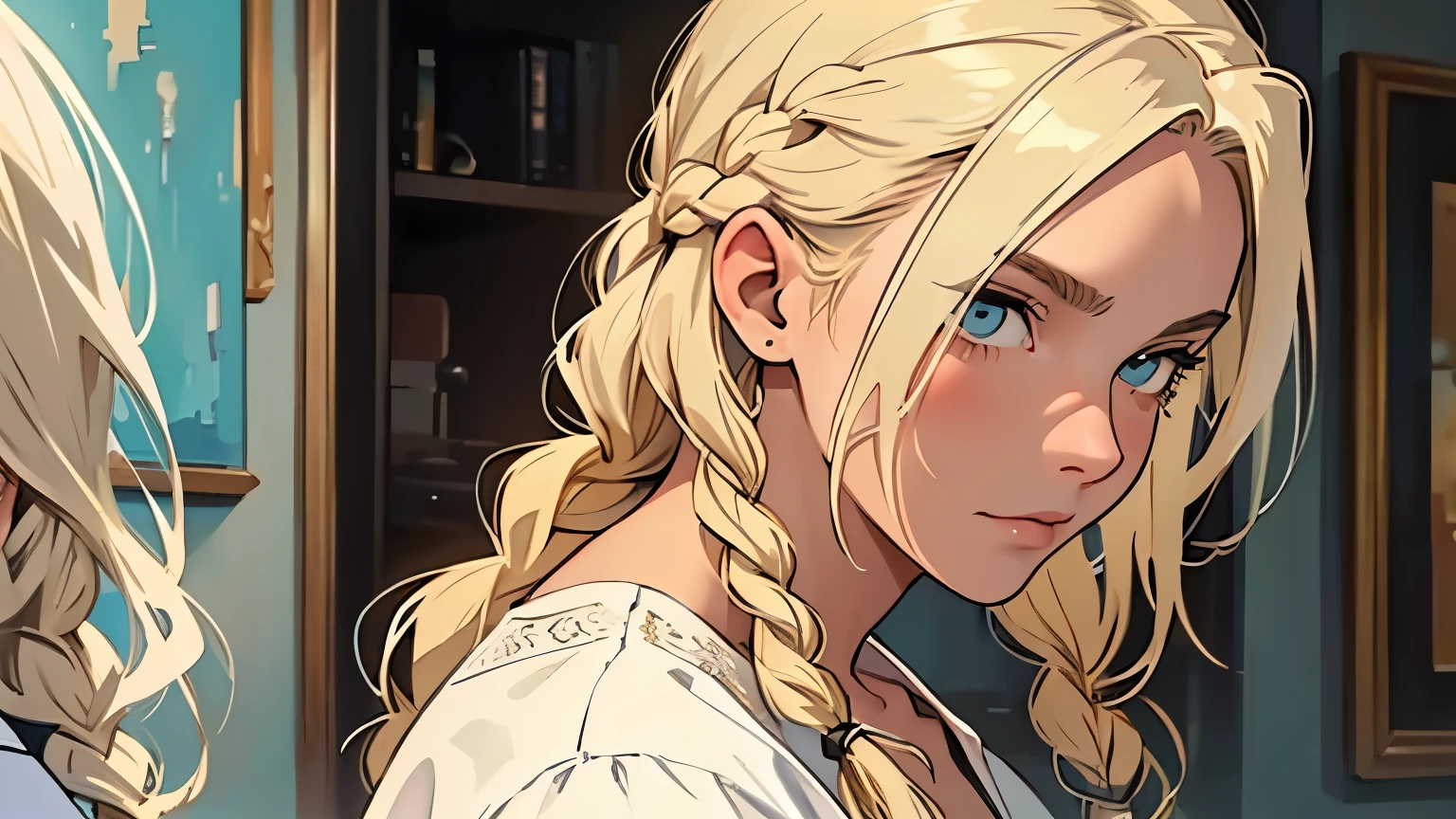 ((best quality)), ((work of art)), ((detailed)), young man with short white hair, casual clothes, staring at woman with blonde hair in braids, wearing a white dress