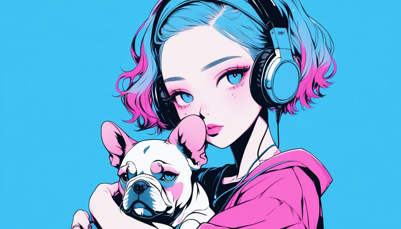 Illustrator, anime , Realistic ,sketch , A girl holding a cute bulldog puppy wearing headphones, ,lip, T-shirt,order,Textured Trim, (masterpiece,Highest quality) Blue background, Neon Hair,Textured Trim, Canadian, (masterpiece,Highest quality) Cancer,