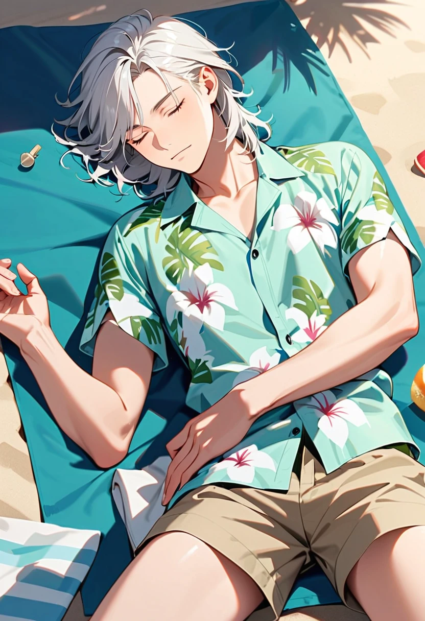 A man, 19-years-old, solo, Caucasian, mature face, short tousled white hair, eyes closed, sleeping, light pale green Hawaiian shirt, short sleeves, khaki shorts, beach, lying on a towel