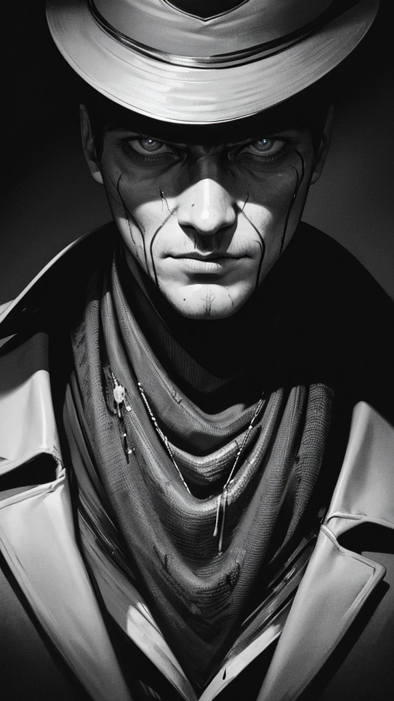 highly detailed portrait of Rorschach from the Watchmen movie, hyperrealistic, masterfully painted, oil painting, dramatic lighting, intense expression, deep shadows, cinematic, moody, gritty, dark and grungy, gothic, chiaroscuro, dramatic atmosphere, monochromatic color palette, shades of gray, black and white, best quality, 8k, highres