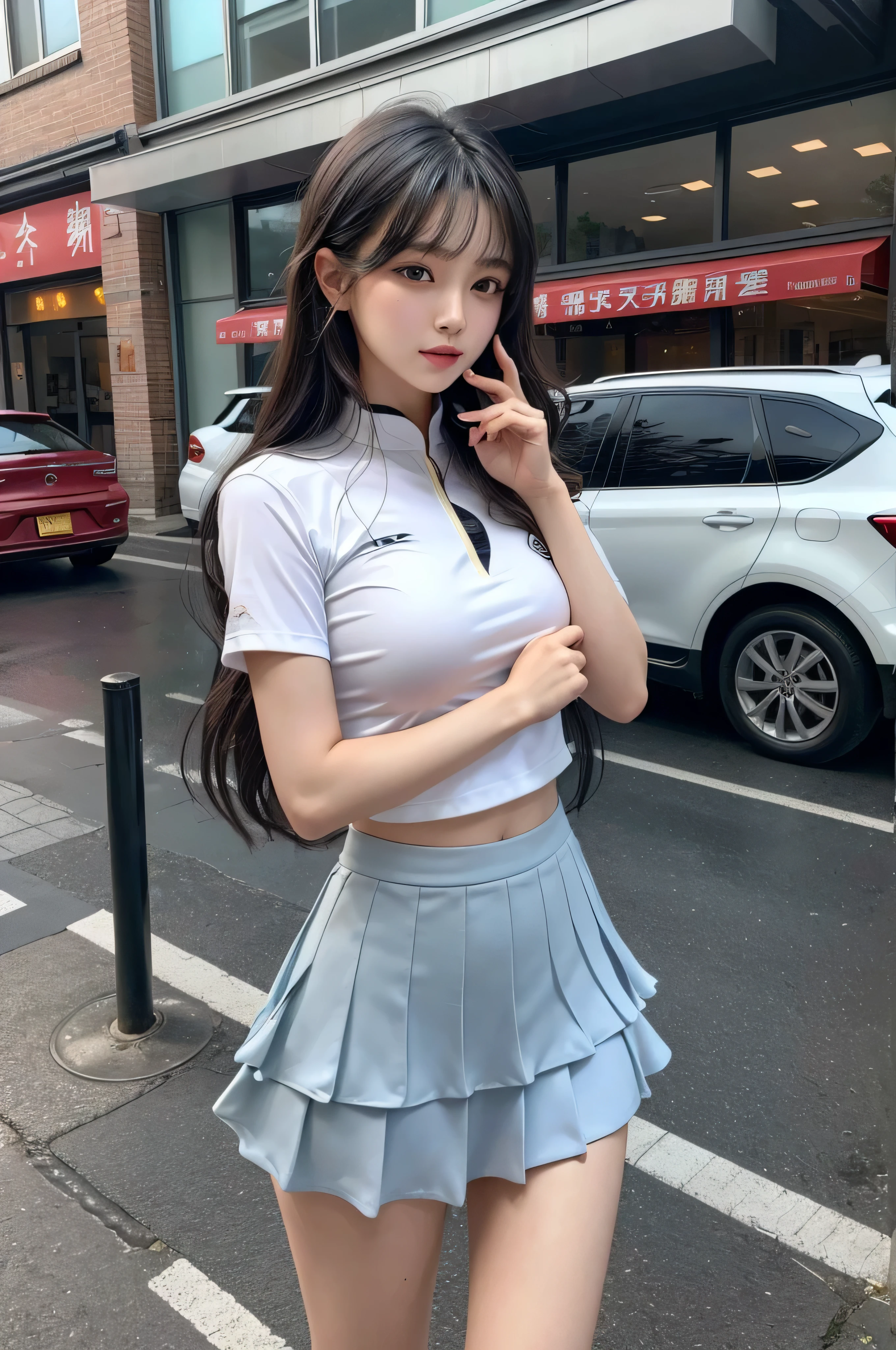 (quality),8K,(masterpiece:1.3),(1 girl:1.3),(In Minaof name),Beautiful of Korean girl, Korean pop idol,Beauty of woman,Have a perfect body:1.4, Slim abdominal muscles:1.2, ((Layered Hairstyle, :1.2)), ((View Viewer)),(A brilliant smile:1.3),(Big Asa),Actual,high resolution,Highly detailed face and skin textures,Realistic face,RAW photos,((Pretty face:1.5)),(Beauty of woman:1.4),Perfect body example,,((Super detailed face)),Attention to detail,Double eyelids,Eyeshadow Enhancement,Eye for detail,Professional lighting,灯Optics,Focus,((Sporty style)),((Optics, Bright colors of clothes Bright colors of T-shirts,Short skirt,((vitality,Positive,vivaciousnesposing thighs)),(of:1.3),Ultra-thin sports bar,Hip skirt,on the street