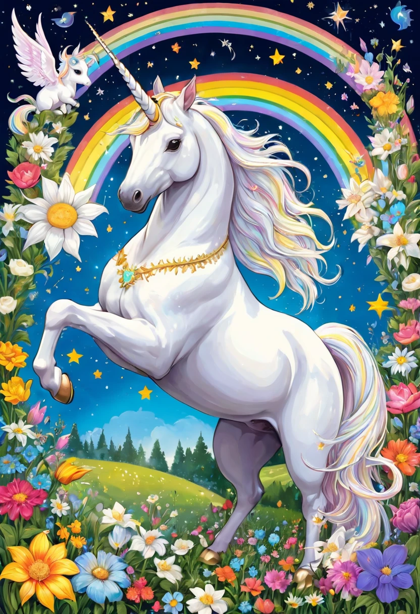 A white unicorn loved by small animals, squirrels, birds, dwarfs, rainbow-colored lights, a garden of pastel flowers, the integration of the sun and moon, astrology, and the world of stars.