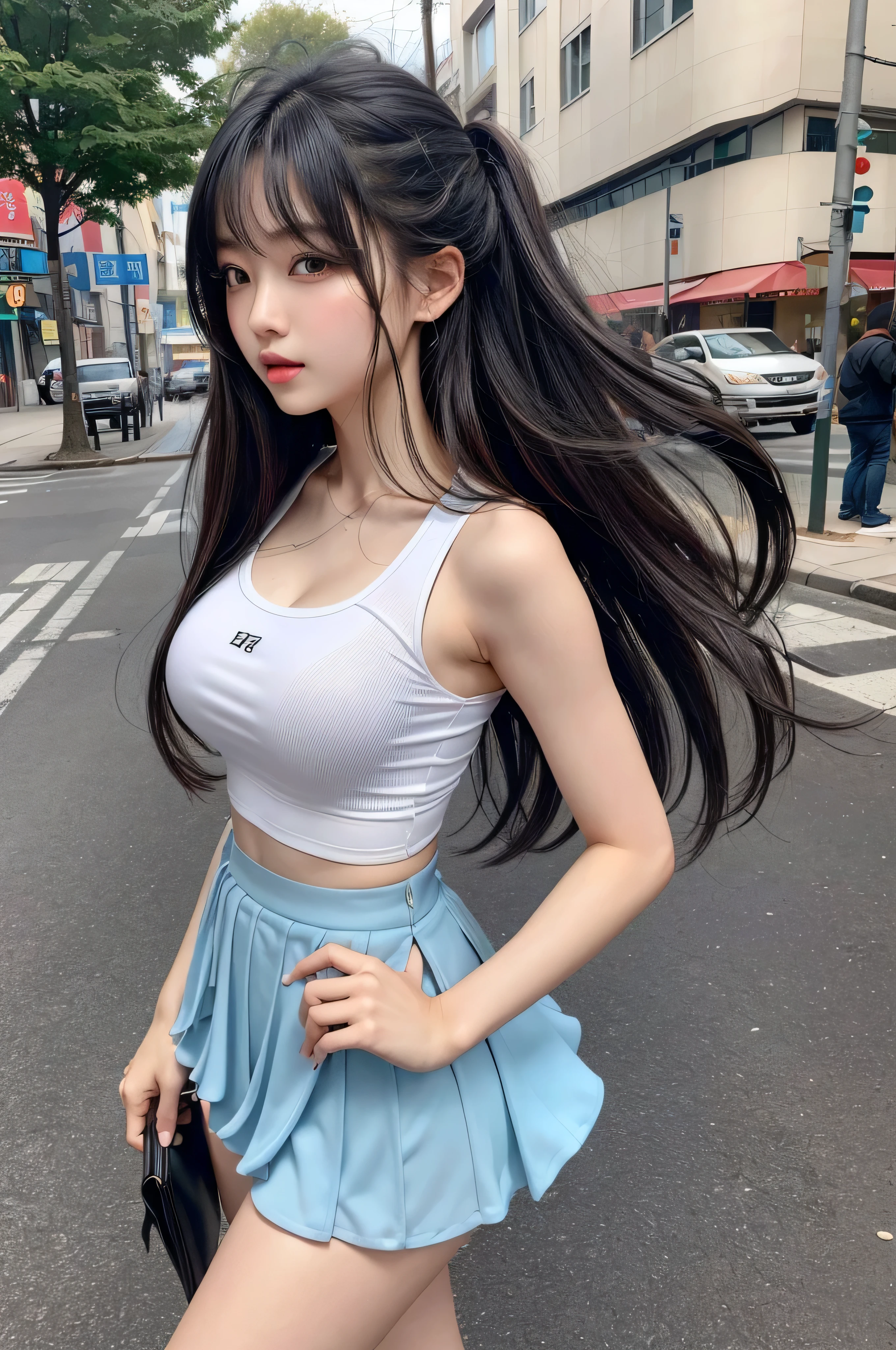(quality),8K,(masterpiece:1.3),(1 girl:1.3),(In Minaof name),Beautiful of Korean girl, Korean pop idol,Beauty of woman,Have a perfect body:1.4, Slim abdominal muscles:1.2, ((Layered Hairstyle, :1.2)), ((View Viewer)),(A brilliant smile:1.3),(Big Asa),Actual,high resolution,Highly detailed face and skin textures,Realistic face,RAW photos,((Pretty face:1.5)),(Beauty of woman:1.4),Perfect body example,,((Super detailed face)),Attention to detail,Double eyelids,Eyeshadow Enhancement,Eye for detail,Professional lighting,灯Optics,Focus,((Sporty style)),((Optics, Bright colors of clothes Bright colors of T-shirts,Short skirt,((vitality,Positive,vivaciousnesposing thighs)),(of:1.3),Ultra-thin sports bar,Hip skirt,on the street