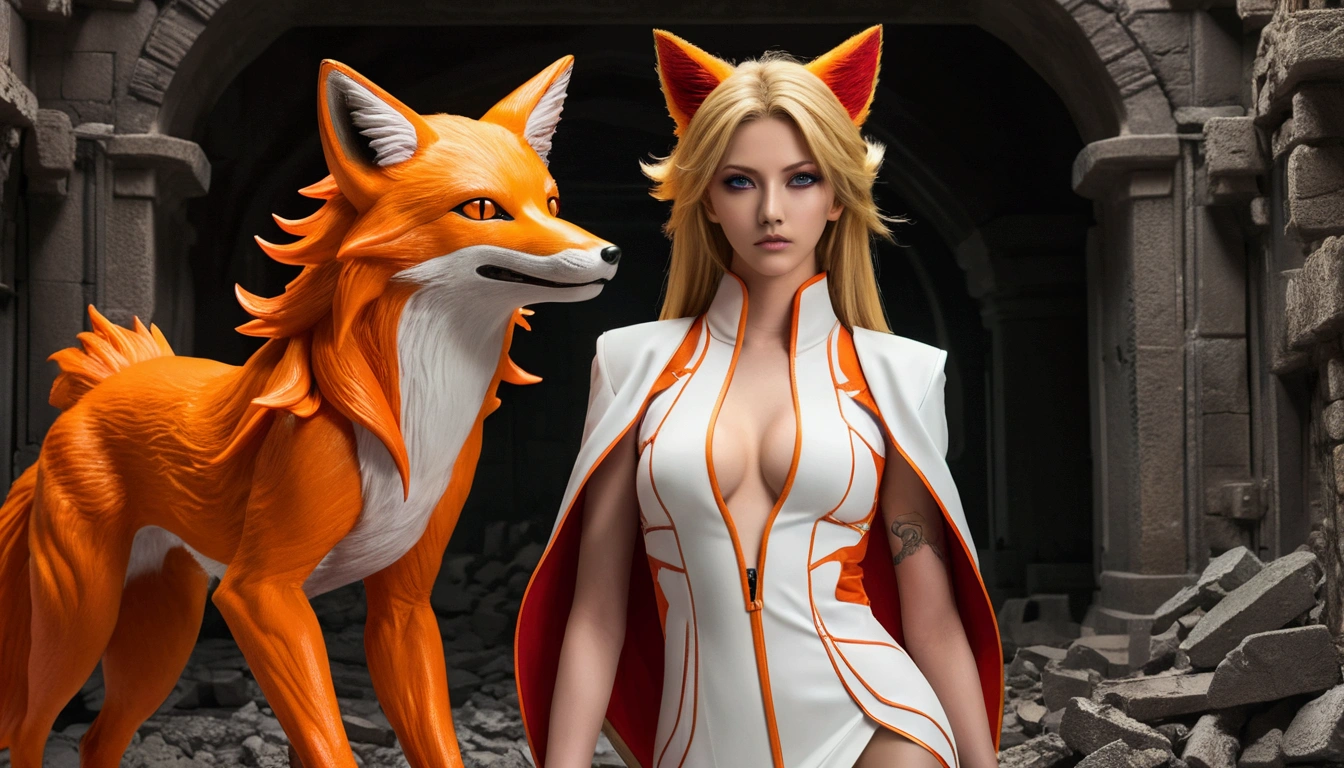 REALISTIC VISION 1.4, BETTER VAE,sharp focus, ultra detail, 32 thousand.,realistic photo, complex parts, (narrow:1.4) , blond hair, (blond hair), orange eyes, complex parts ,woman, Nine tails, complex parts,complex parts,big , voluptuous body, complex parts, (Miko:1.4) , clothes long white dress with red details complex parts, tattoos complex parts, (whole body:1.4) , (with a orange Nine tails fox :1.4) , evil (Kurama, naruto), angry face, walk on the ground, back, orange aura, (Ideal Anatomy :1.4),(Cyberpunk destroyed dungeon ruins background :1.4 ), (Ideal Anatomy V2.1), (detailed face :1.4), (Cinematic lighting :1.4), (Beautiful eyes :1.4),