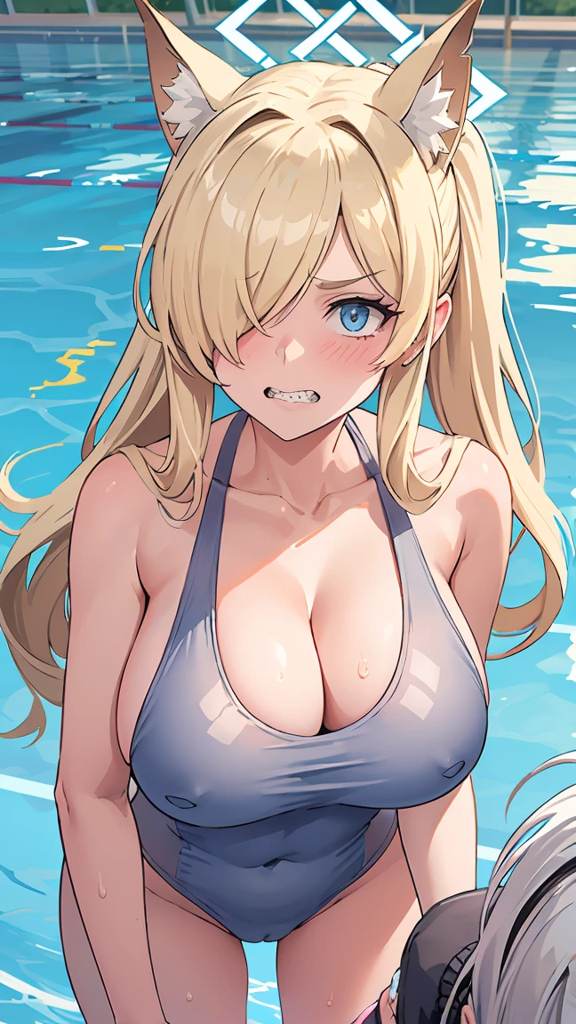 ogata_Kanna(Blue Archive),Blonde ponytail,Grey gap,(Wolf Ears),One eye is covered by hair,White competitive swimsuit,Large Breasts,Poolside Background,Circle of angels overhead,Jagged teeth,Embarrassed,Two girls nearby
