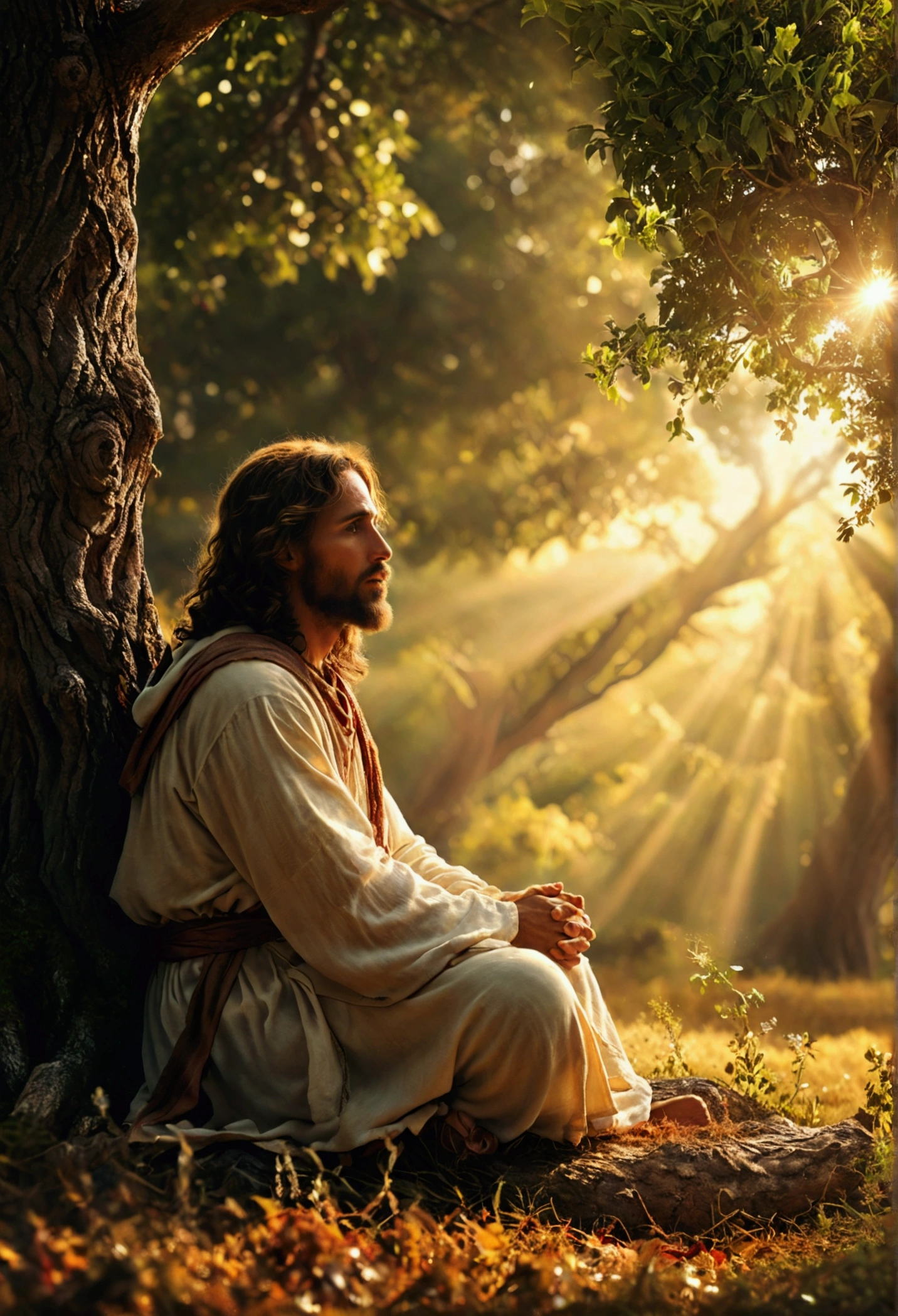 Jesus sitting praying under a tree, high resolution image