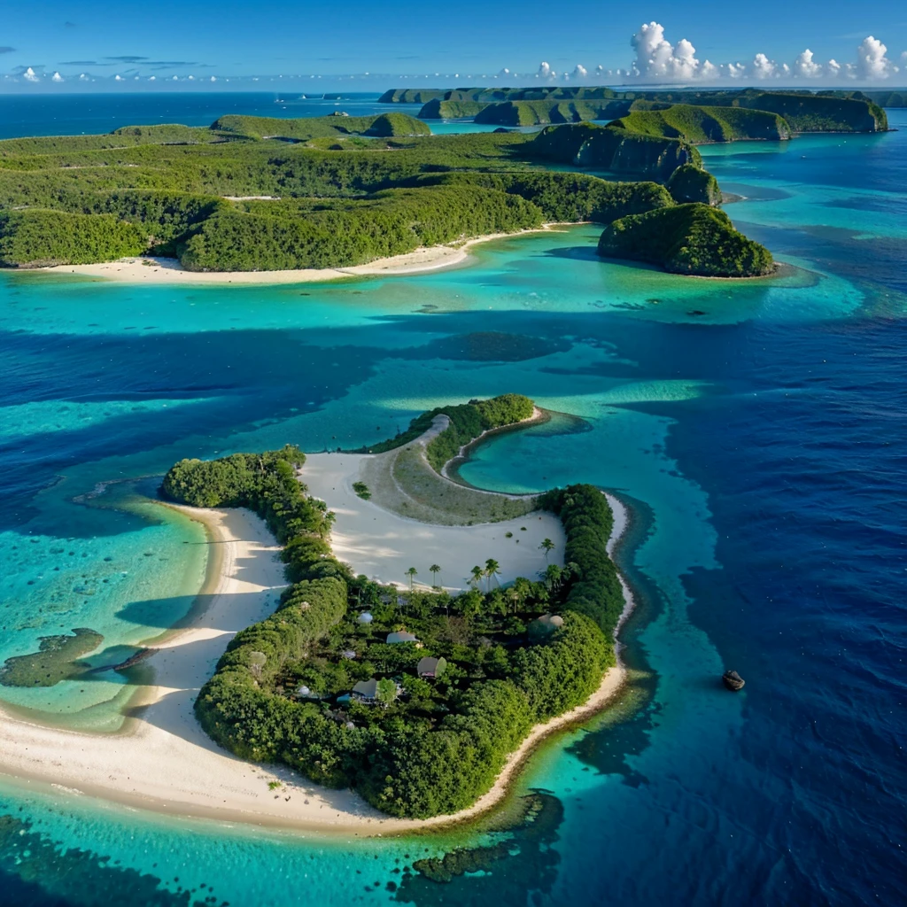 "Generates an image of a tropical island seen from above, as if it were a map. The island should have a clear outline with white sand beaches, deep turquoise water areas around. Includes areas of dense vegetation, mainly palm trees and tropical plants, as well as possible lagoons or small bays. There may be rock formations or cliffs in some parts of the coast. The environment should show crystal clear and turquoise waters, with the possible inclusion of other nearby islands or sandbars. Lighting should highlight differences in water depth and clarity in the representation of vegetation and topography. Includes cloud shadows for a more realistic effect." The island is an island without human presence.