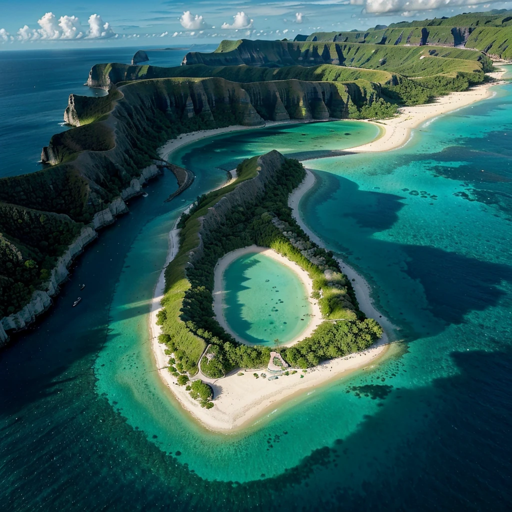 "Generates an image of a tropical island seen from above, as if it were a map. The island should have a clear outline with white sand beaches, deep turquoise water areas around. Includes areas of dense vegetation, mainly palm trees and tropical plants, as well as possible lagoons or small bays. There may be rock formations or cliffs in some parts of the coast. The environment should show crystal clear and turquoise waters, with the possible inclusion of other nearby islands or sandbars. Lighting should highlight differences in water depth and clarity in the representation of vegetation and topography. Includes cloud shadows for a more realistic effect." The island is an island without human presence.