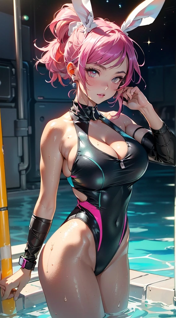 cute Little bunny,(((1 girl))),((muscle Little bunny with extremely cute and beautiful magenta hair)),(((Little bunny,anthro furry cute,Little bunny))),(((bunny ears:1.5,bunny ears on head,big bunny ears))),
(breasts big:1.4),saggy breasts,(((magenta hair:1.35,colored inner hair,ear breathing,Ponytail hair))),(((neon_Pink_eyes1.3))),intricate eyes,beautiful detailed eyes,symmetrical eyes,((fatter)),(((shining skin:1.5,shining skin: 1.5,skin tanned,shining skin,very shining skin,shinny body,plastic glitter skin,exaggerated shining skin,brightened skin,wet legs))),(spider lower abdomen,narrow waisted,wide hip,athletic body,inflated legs,delicate and detailed fingers,body detailed,human hands,(face detailed)),muscular,muscular girl,Abdomen,
cute,slutty,seducer,Erotic,(((nsfw))),
zetai ryouiki,((Black slingshot swimsuit,wearing a sling-style swimsuit:1.3,swimsuit type space suit,black armor swimsuit:1.3)),(((huge cleavage))),((wetclothes,complex outfit,complex clothing)),
(dynamic pose:1.0),focus only,embarrased,(centred,scale to fit dimensions,rule of thirds),
cyberpunk city by the sea at night, with bright neon signs and dark stormy clouds and puddles, scenario:1.25,
high resolution, sharp focus, (ultra detaild, extremely detaild), (photorealistic art:1.37),(extremely detaild CG unity 8k wallpaper),((tema de fundo synthwave)),(((swirly vibrant colors))),(intricate background),(work of art),(best qualityer),