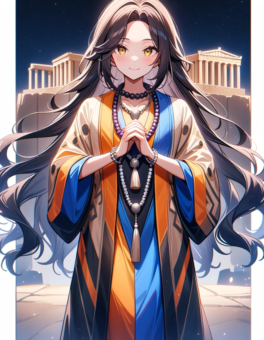 Sasha,sadhu saint robe,praying beads on neck,solo,looking at viewer,light smile,light blush,whole body, super details, greek Acropolis, night sky with nebulae