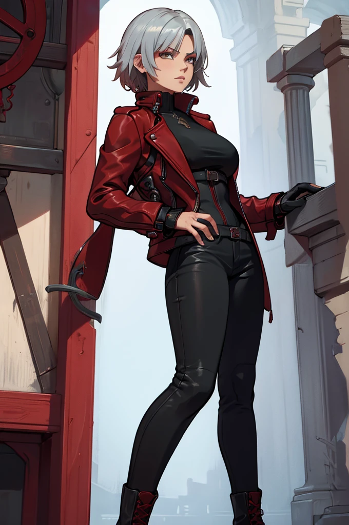 A demon hunter with short silver hair wears a long red leather trench coat with intricate details. She wears nothing under the red jacket, revealing her large, firm breasts. her jacket matches tight black pants and tall boots. Dante clothing. 