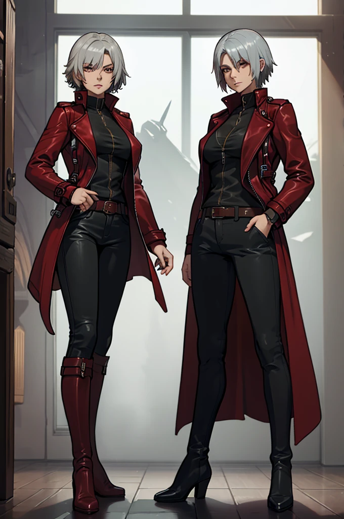 A demon hunter with short silver hair wears a long red leather trench coat with intricate details. She wears nothing under the red jacket, revealing her large, firm breasts. her jacket matches tight black pants and tall boots. Dante clothing. 